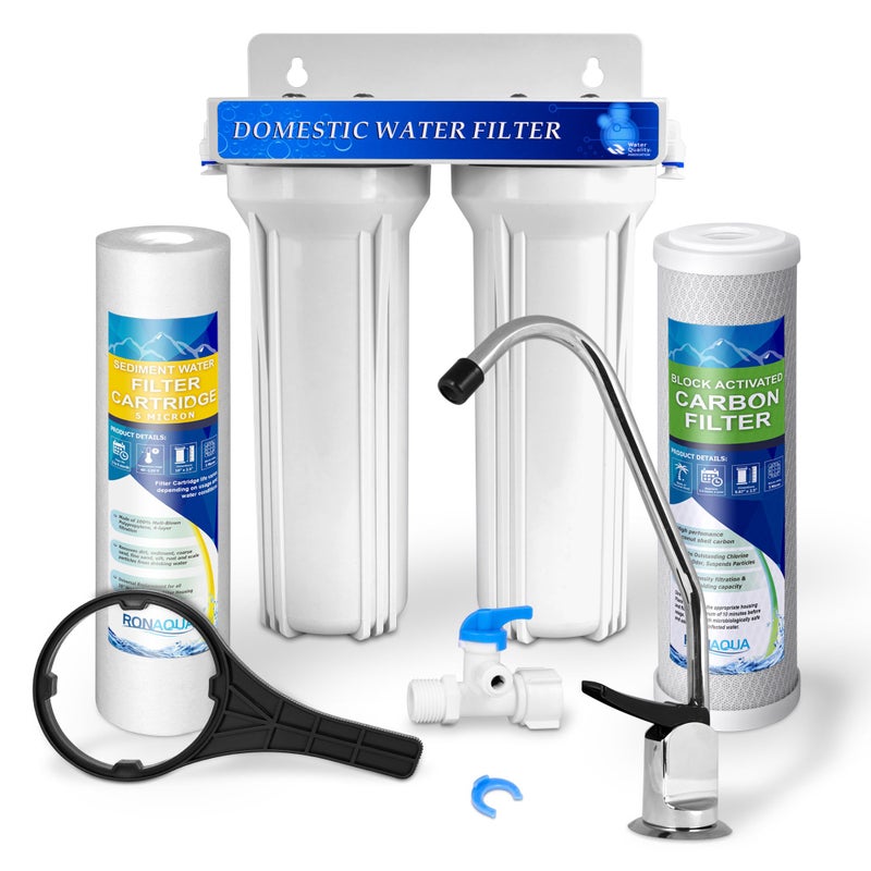 Ronaqua Premium Under Sink Direct Connect Two Stage Water Filtration System with 100% lead-free Chrome faucet -Removes Chlorine, Bad Tastes, Odors And 99.99% of Contaminants - Image 1